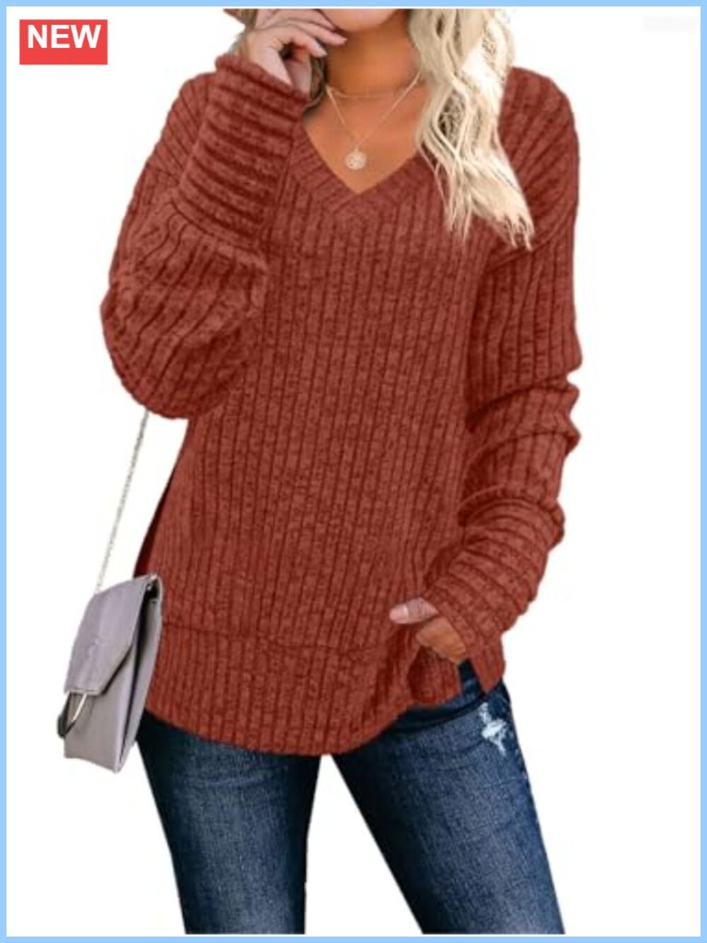 Womens Long Sleeve V Neck Loose Sweater Tunic Top